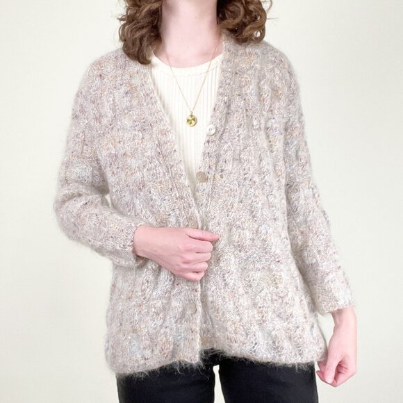 Vintage Hand Made Cable Knit Mohair Wool Cardigan Sweater Oversized Chunky Cozy - Picture 5 of 8